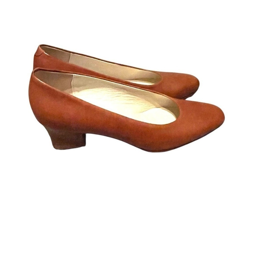 Vintange Per‎ Ramos Italy Leather Brown Pointed Toe Block Heel Pumps Womens